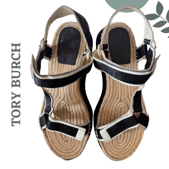 Tory Burch Black White Tan Espadrille Platform Sandals Velcro Closure Size 10 - Picture 2 of 10